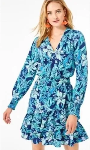 LILLY PULITZER Cristiana Dress‎ High Tide Navy Take It Or Leaf It Smocked 0 thumbnail 1
