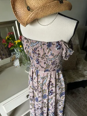 Angie Aawari nude blush, BoHo floral smocked maxi dress small thumbnail 8