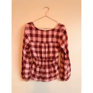 Pilcro Blouse Women Medium Red Plaid Smocked‎ Waist V-Neck Boho Top thumbnail 7