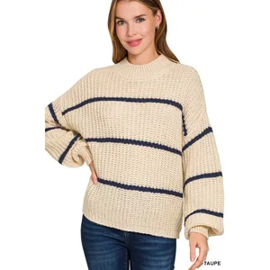 Zenana Oversize Striped Sweater - Taupe - Medium thumbnail 6