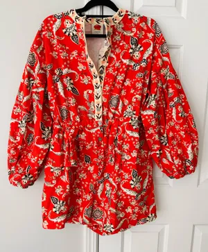 Farm Rio Button Front Balloon Sleeve Printed Romper, Size L thumbnail 6
