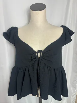 Urban Outfitters Y2K Sierra Black Keyhole Babydoll Ruffle Peplum Crop Blouse L thumbnail 4
