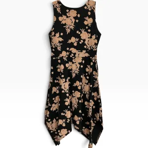 Pact Twilight Floral Asymmetrical Midi Dress Sleeveless Scoop‎ Neck Black Tan L thumbnail 3