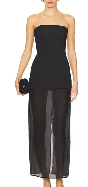 SNDYS Chloe Black Strapless Straight Neck Sheer Bottom Maxi Dress Medium BNWT thumbnail 1