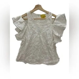 EUC Anthropologie Maeve White Eyelet Cold Shoulder Ruffle Blouse Size Small thumbnail 2