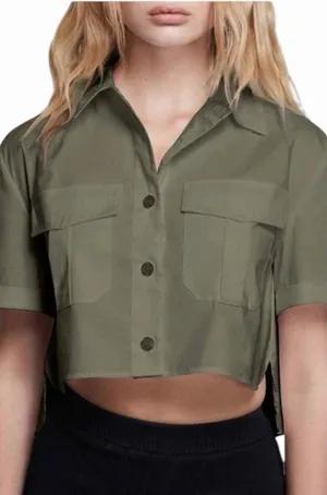 Good American The Cropped Shirt Sage Green Button Down Pocket Top NWT thumbnail 1