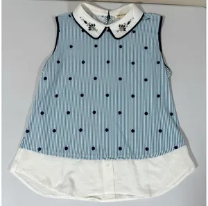 Faith and Joy Blue White Striped Polka Dot Dots Collared Sleeveless Layered Tank Top Shirt Blouse Size S 🩵✨ thumbnail 2