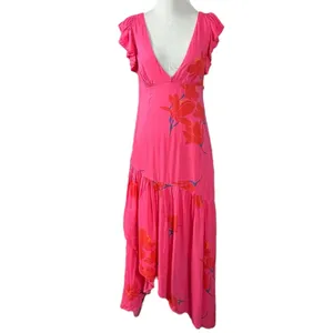 Free People Tropical Hawaiian Hibiscus Hot Pink Floral Maxi Dress Size 8 Summer thumbnail 6