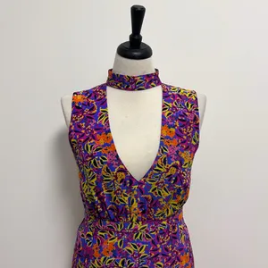 Saloni Blue Purple Floral Sleeveless Plunging V Neck Choker Neck Fleur Dress 8 thumbnail 2
