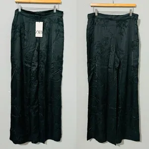 Zara Luxury Green‎ Bohemian Embroidered Satin Effect Wide Leg Lounge Pants Sz L thumbnail 3