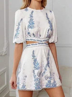 Shein White Plants Print Cut Out Tie Back Lantern Sleeve Boho A Line Dress Sz S thumbnail 1