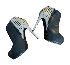 Bebe Black Leather Silver Snakeskin Studded‎ Platform Stiletto Ankle Boots 6B thumbnail 1