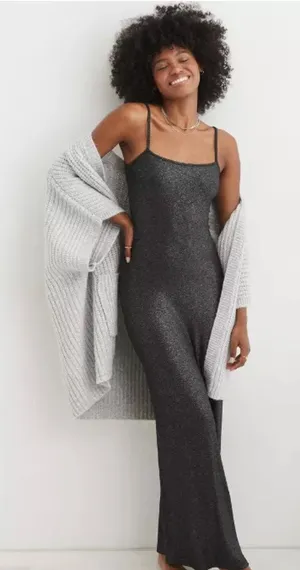 Aerie No Party Needed Maxi Dress Womens Medium Black Shimmer Slip Dress NWT thumbnail 1