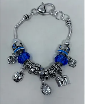 Teacher Charm Bracelet Blue Apple #1 Teacher Book ABC Heart Spacers 8"‎ Long thumbnail 1