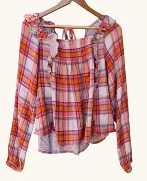 Free People Sienna Plaid Smocked Gauze Crinkle Blouse thumbnail 1