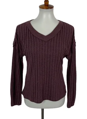 Altar'd State‎ Ribbed Knit V Neck Long Sleeve Pullover Sweater Purple Small thumbnail 1