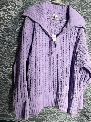 Aerie Lavender Cable Knit Quarter Zip Sweater XL Cozy Oversized Pullover thumbnail 2