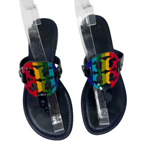 TORY BURCH Navy Blue Rainbow Stripe Miller Logo Patent Leather Sandals Size 7 thumbnail 3