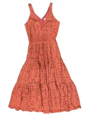 Dress the Population Burnt Orange Gold Lace Tiered V-Neck Midi Dress size S thumbnail 1
