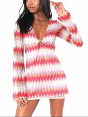 Show Me Your MuMu Monte Carlo Crochet Knit Romper Mini Dress in Riviera Zigzag M thumbnail 1