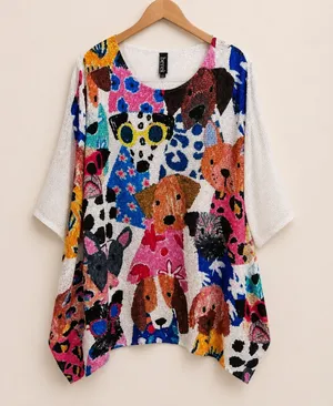 Berek Size 3 Crinkle Puppy Dog Print Tunic Top Dolman Sleeve Asymmetrical Hem thumbnail 1