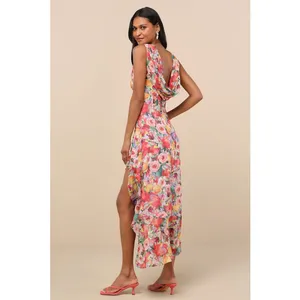 NWT Lulus Laraline Red Multi Floral Ruffled Cowl Back Maxi Dress Cruise Resort L thumbnail 3