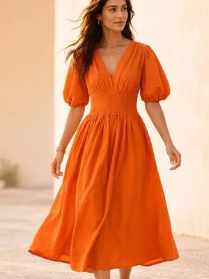 AYR Extra Extra Midi Dress Cara Orange Smocked Waist Tiered Cotton Size Small thumbnail 11
