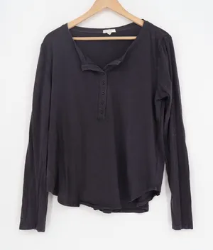 Z Supply Organic T-Shirt Womens Medium Black Cotton Long Sleeve Henley Neck thumbnail 1