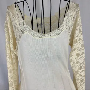 Free People Cream Lace Sleeved Romantic Fairycore Regencycore Ribbed Top thumbnail 10