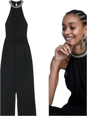 Zara Black Halter Neck Jumpsuit with Silver Embellishment Size L NWT thumbnail 2