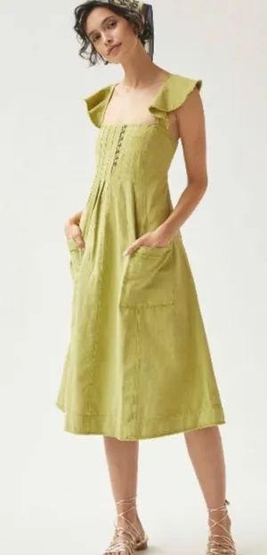 ANTHROPOLOGIE- Pilcro Flutter Sleeve Midi Dress Linen Green Boho Raw Hem Ruffle thumbnail 1