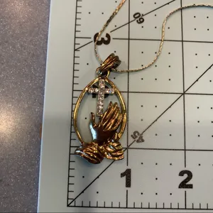 Gold Color Praying Hands Rhinestone Cross Necklace thumbnail 6
