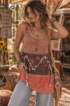 Crochet Tank Tunic Rust Brown Multicolor Ribbon Boho Hippie Eclectic L Z Ba thumbnail 1