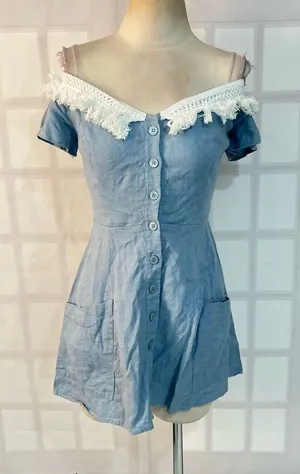 Reformation button down mini denim dress with white fringed off the shoulder nec thumbnail 1