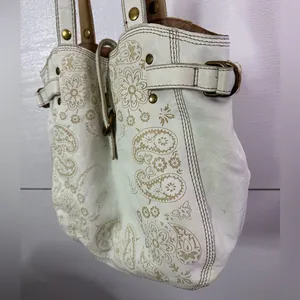 Y2K Lucky Brand White Paisley Print Leather Tote Bag Purse thumbnail 5