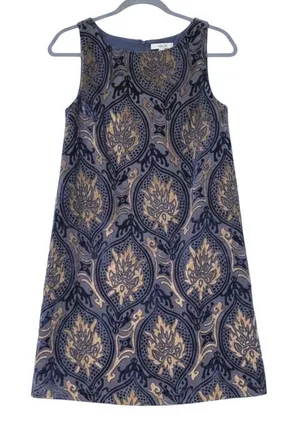 LOFT Shift Dress‎ Navy Blue Gold Damask Velvet Burnout Sleeveless Womens XS thumbnail 1