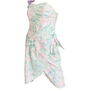 VTG 80s Pastel Strapless Mini Dress 13 Tropical Bird Print Summer Retro Side Tie thumbnail 3