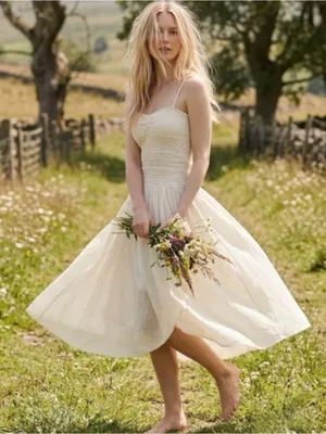 Free People Sparkling Moment Ivory High Low Smocked Drop Waist Midi Dress SMALL thumbnail 3