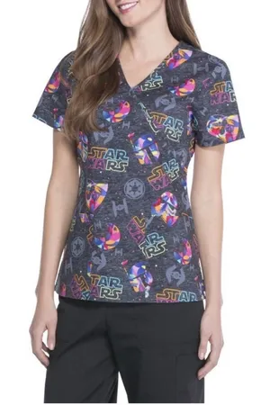 Star Wars Gray The Dark Side colorful Mock Wrap Printed Uniform Scrub Top Size M thumbnail 1