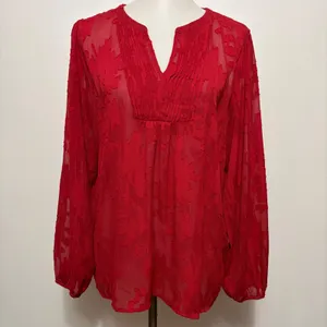 Maurices Blouse Large Red Floral Burnout Metallic Split Neck Pleated Peasant thumbnail 2