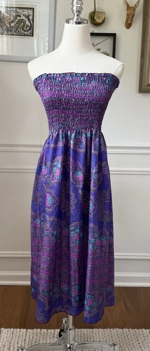 Vintage 80s Purple Strapless Smocked Top Sun Dress S thumbnail 1