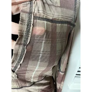 Free People Brown Plaid Mesh V Neck Long Sleeve Medium Tee Lettuce Edge‎ thumbnail 11