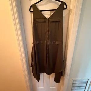 Worthington Satin Handkerchief Hem Midi Dress 12 Olive Green Sleeveless V-Neck thumbnail 2