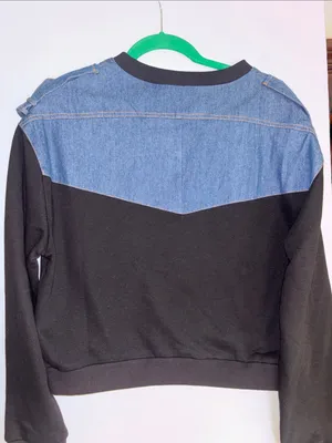 Endless Rose Crew Neck Sweatshirt Blue Denim Shoulder Panels Black Cotton Body thumbnail 4