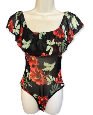 Pretty Little Floral Red Roses Black Sheer Bodysuit Ruffle cold shoulder women M thumbnail 1