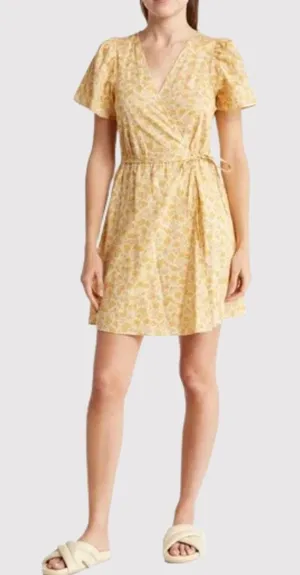 Madewell Womens Dress Yellow Fiore Mini Floral Ditsy V Neck Wrap A Line Boho XS thumbnail 1