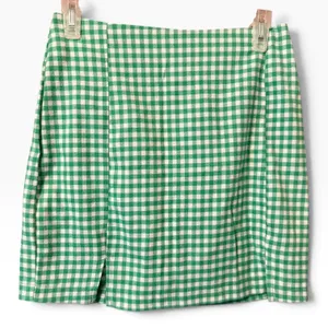 Mini Skirt Womens 7 Green Gingham Excellent Front Slit High Waist thumbnail 2