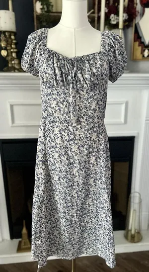 SHEIN Puff Sleeve Floral Blue & White Midi Dress For Women Size Large thumbnail 1