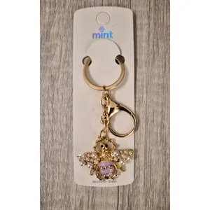 NWT Mint Gold Bumblebee Bag Charm Keychain Pink Rhinestone Pearl Cottagecore thumbnail 2