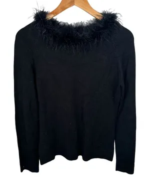 Vintage Y2K Max Studio‎ Small Sweater Feather Trim Black Long Sleeve Rayon Blend thumbnail 1